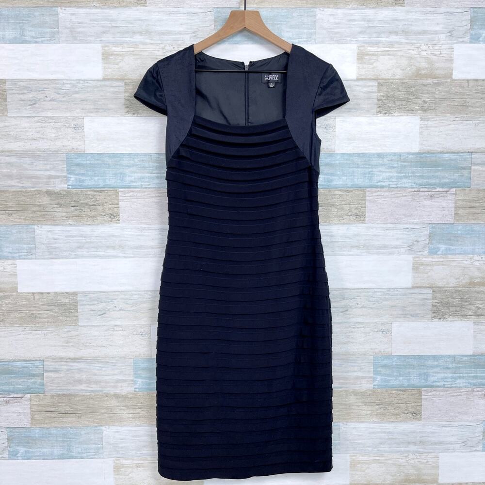 Adrianna Papell Shutter Pleat Sheath Dress Black Short Sleeve Evening Womens 8